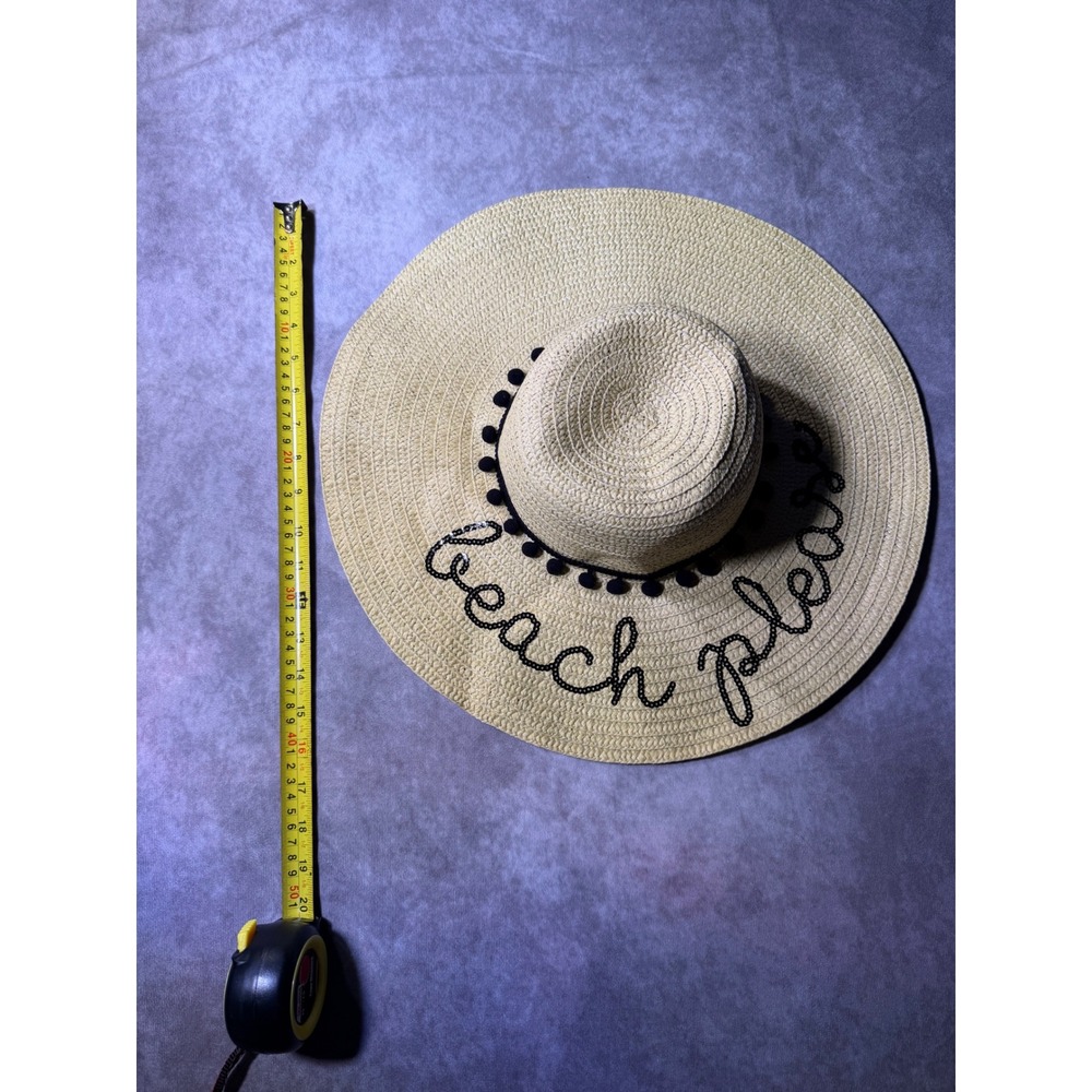 NYC Underground Women's Beige Straw Sun Hat, Wide Brim, Pom Pom, One Size